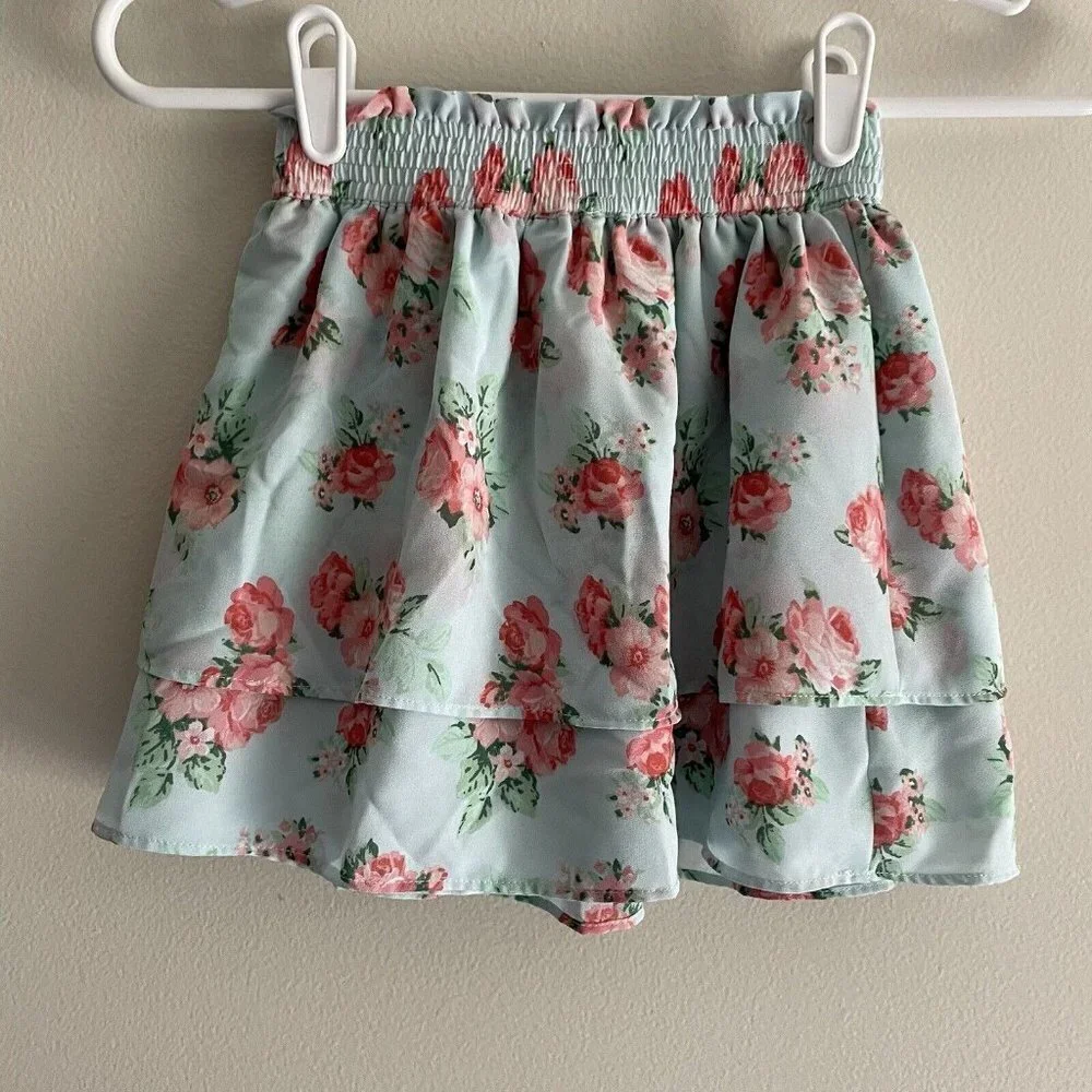 Janie And Jack Girl 6 Mint Floral Elastic Waist Tiered Ruffle Chiffon Skirt